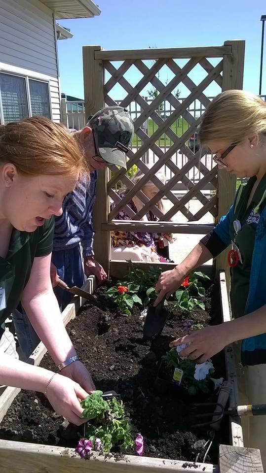 A group of people working together on a gardening project outside.