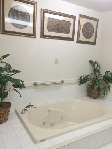 A bathroom with a large bathtub, potted plants, and framed artwork on the wall.