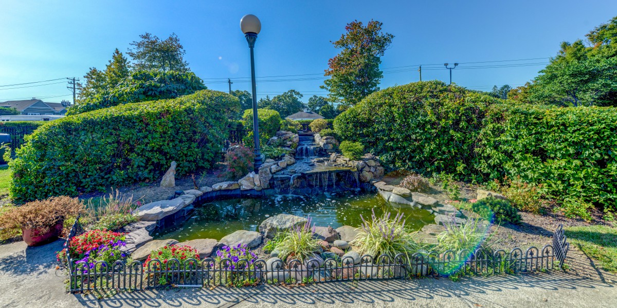A tranquil garden scene featuring a small waterfall cascading into a pond surrounded by lush greenery.