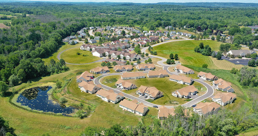 Aerial view of a peaceful suburban neighborhood surrounded by lush greenery.