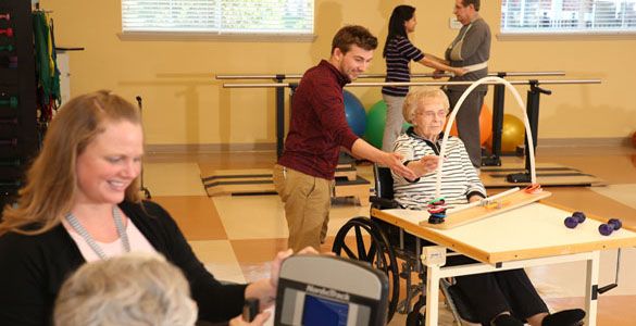 A physical therapist assists an elderly patient during a rehabilitation session in a care facility.