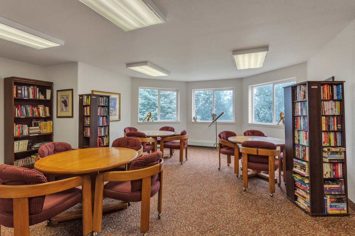 A quiet library reading room with tables and chairs, illuminated by natural light from the windows.