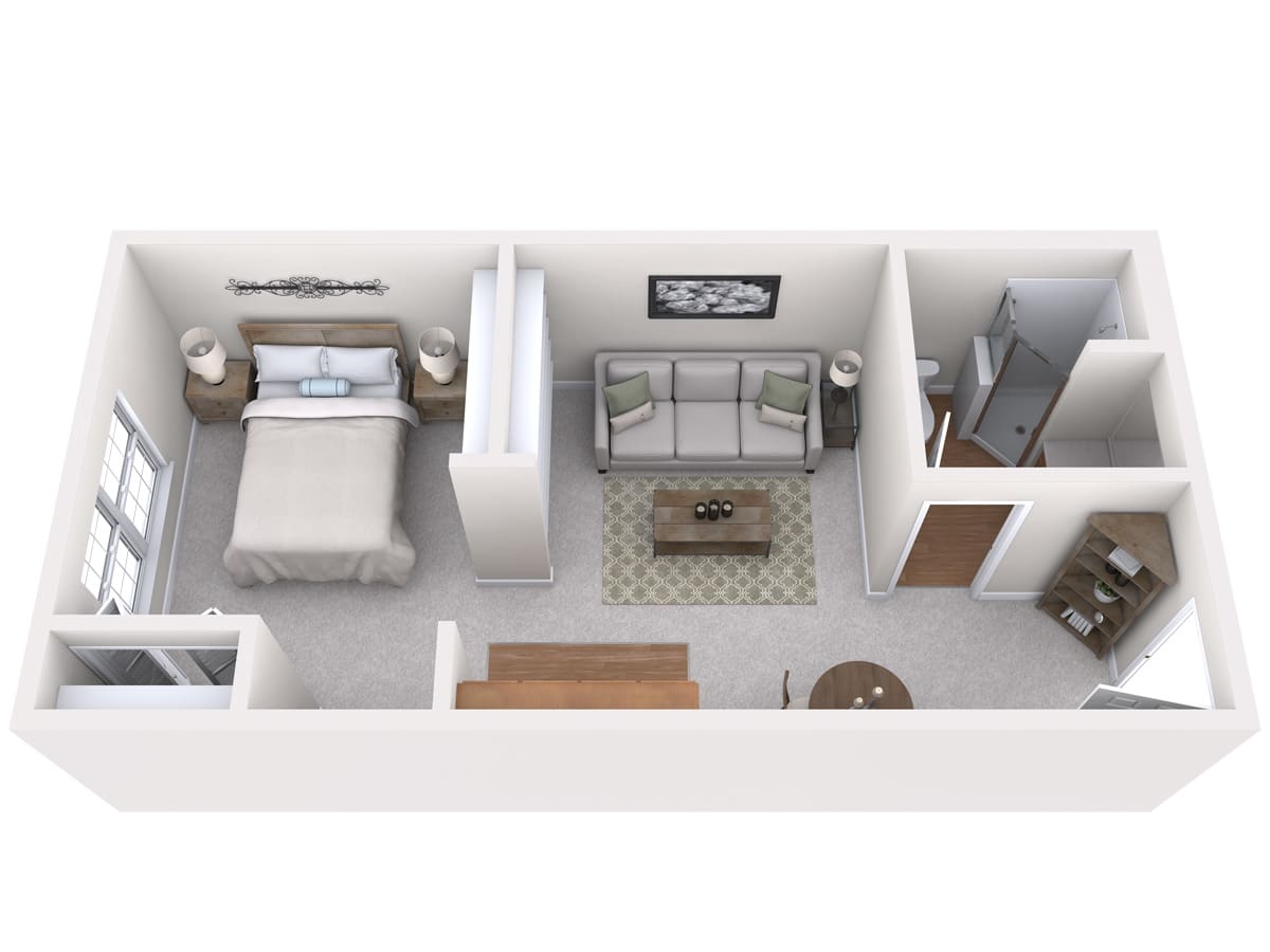 A top-down view of a one-bedroom apartment floor plan, showcasing the layout of the furniture and rooms.