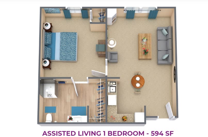 Floor plan of a one-bedroom assisted living apartment, featuring a bedroom, bathroom, kitchen, and living area.
