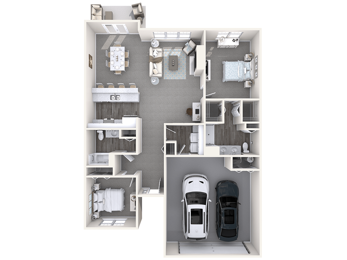 A detailed floor plan of a house featuring two bedrooms, one bathroom, a kitchen, living room, and an attached garage.