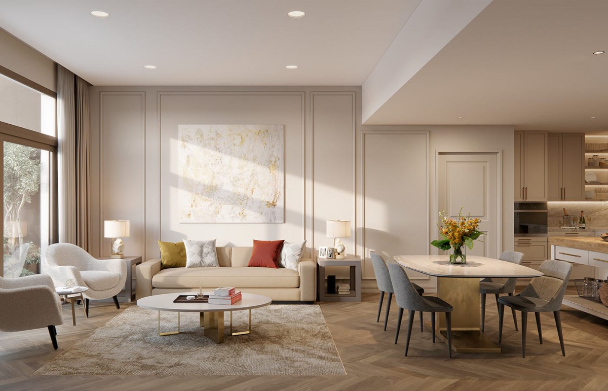 A modern living room with elegant furniture and minimalist decor.