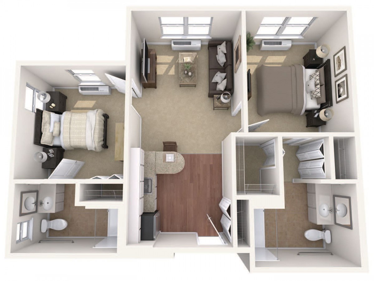 A 3D floor plan of a two-bedroom apartment with a living room and kitchen area.