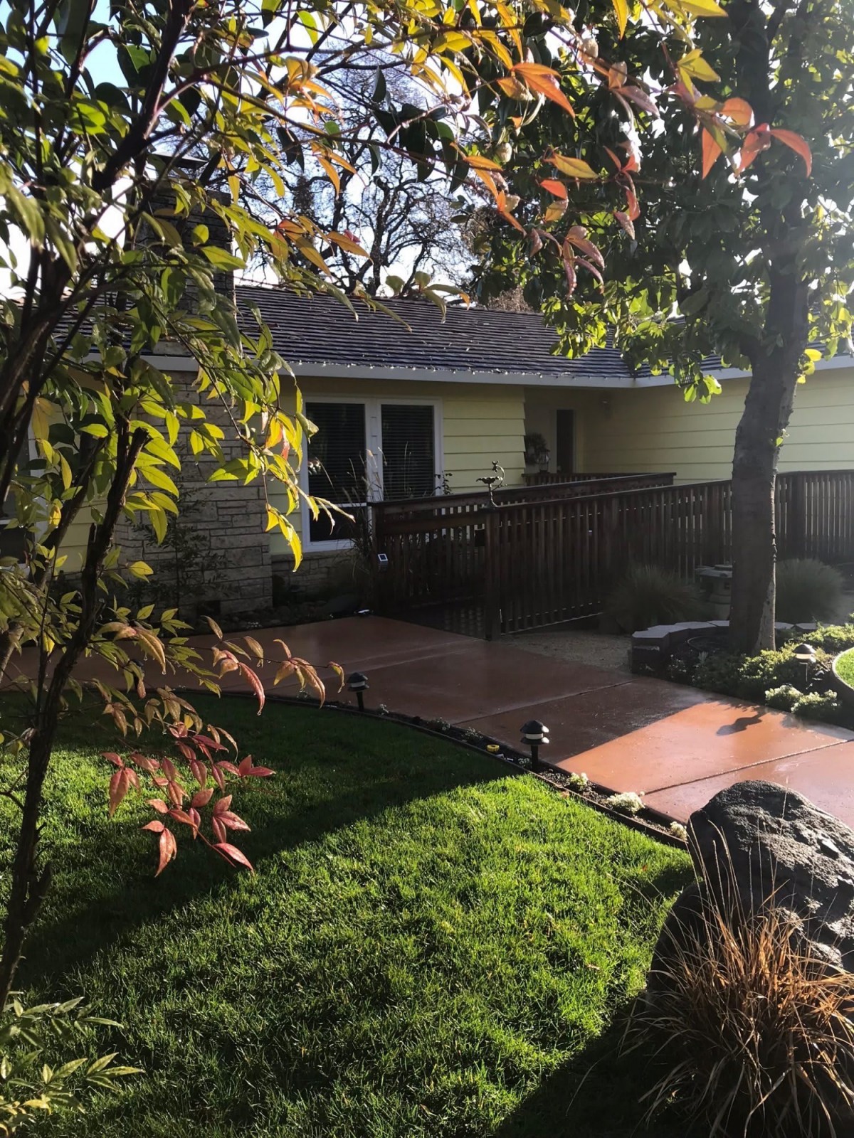 A cozy house with a sunny yard and well-maintained garden.