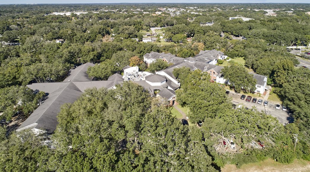 Aerial view of a suburban area surrounded by lush green trees.
