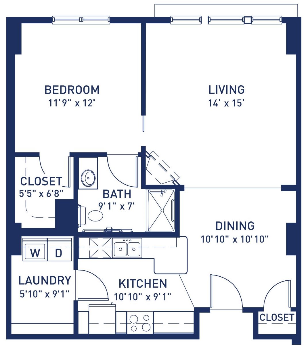 A floor plan of a one-bedroom apartment featuring a living room, kitchen, bathroom, and dining area.