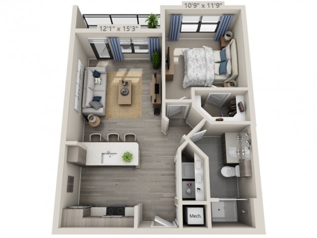 A 3D floor plan of a modern one-bedroom apartment with an open living area and kitchen.