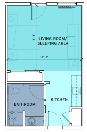 Studio apartment layout showing a combined living and sleeping area, kitchen, and bathroom.