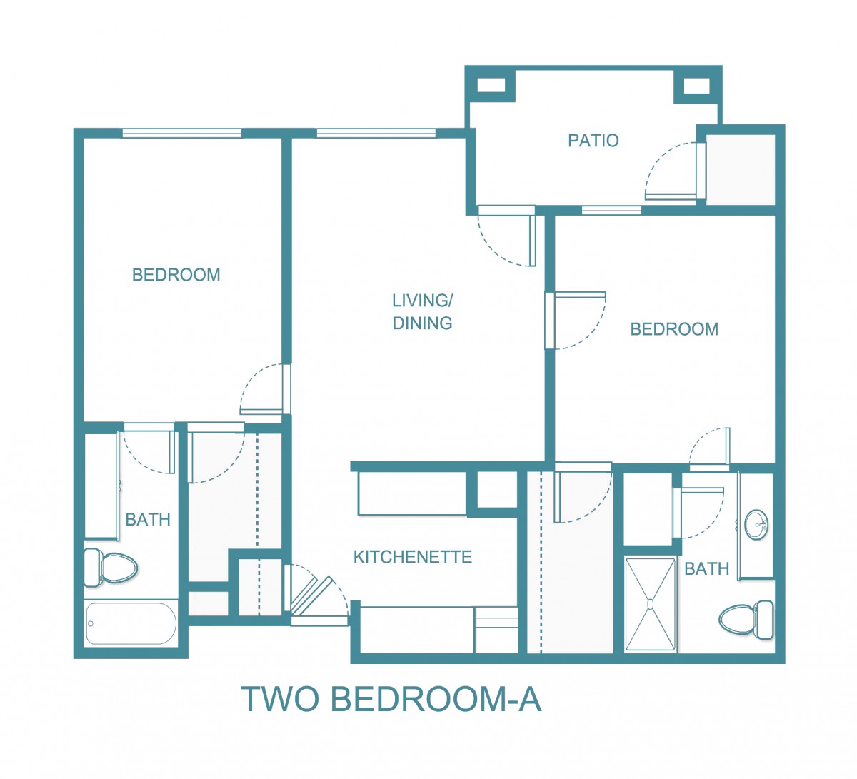 Floor plan of a two-bedroom apartment with a kitchenette, living/dining area, and two bathrooms.