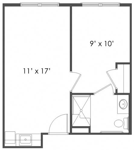 A simple floor plan showing the dimensions of two main rooms and a bathroom.