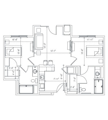 A detailed floor plan of a residential space showing multiple rooms and functional areas.