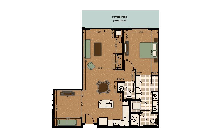 An apartment floor plan featuring a one-bedroom layout with a balcony.