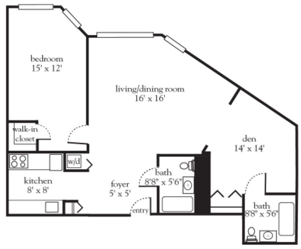 A detailed floor plan of an apartment featuring a bedroom, living/dining room, kitchen, bathroom, and den.