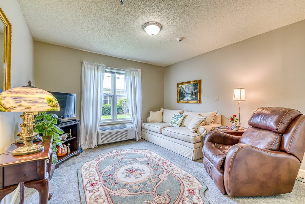 A cozy living room with a sofa, armchair, and a television near a window.