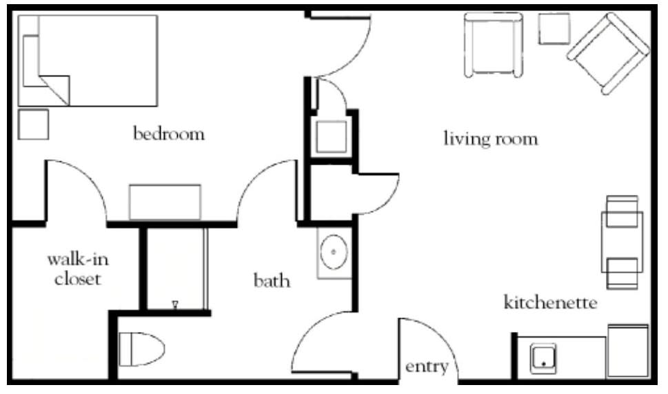 A simple floor plan of a one-bedroom apartment with labeled rooms.