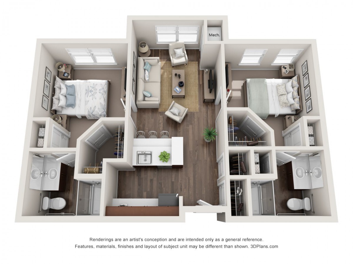 A detailed floor plan of a two-bedroom apartment featuring a modern living area and well-equipped kitchen.