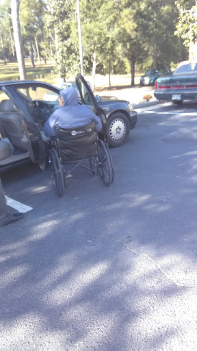 A person in a wheelchair is approaching a vehicle in a parking area.