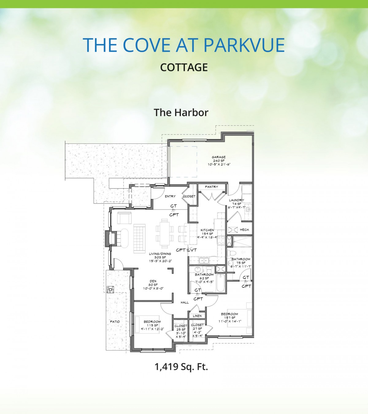 Floor plan of 'The Harbor' cottage at The Cove at Parkvue, measuring 1,457 sq ft.