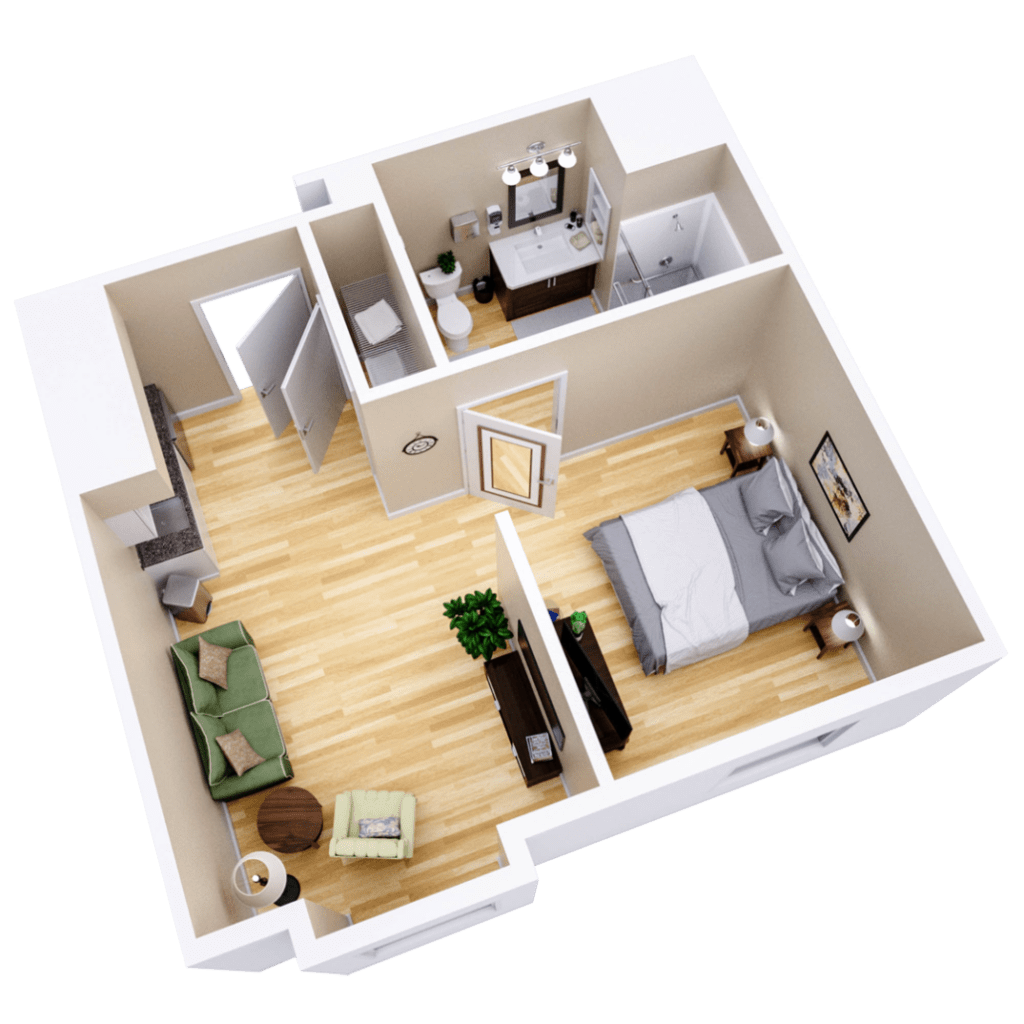 A 3D floor plan of a one-bedroom apartment featuring a living room, bedroom, and bathroom.