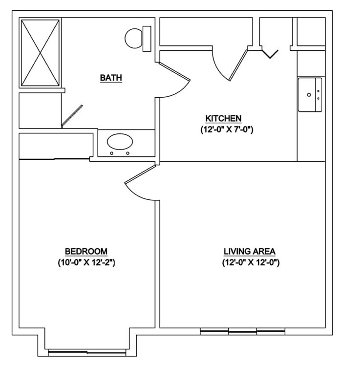Floor plan of a one-bedroom apartment with a kitchen, bathroom, and living area.