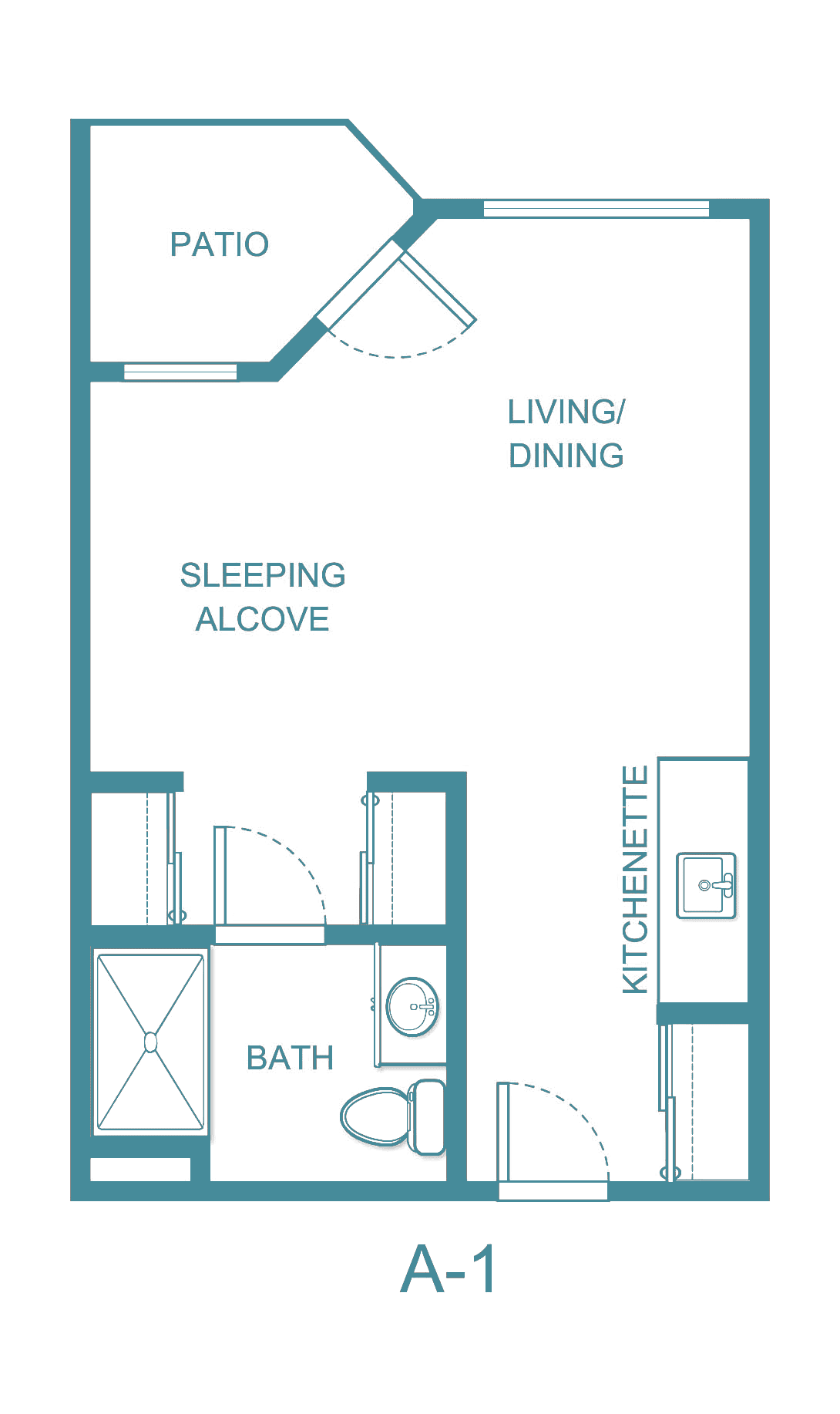 A floor plan of a studio apartment featuring a living/dining area, sleeping alcove, bathroom, and kitchenette.