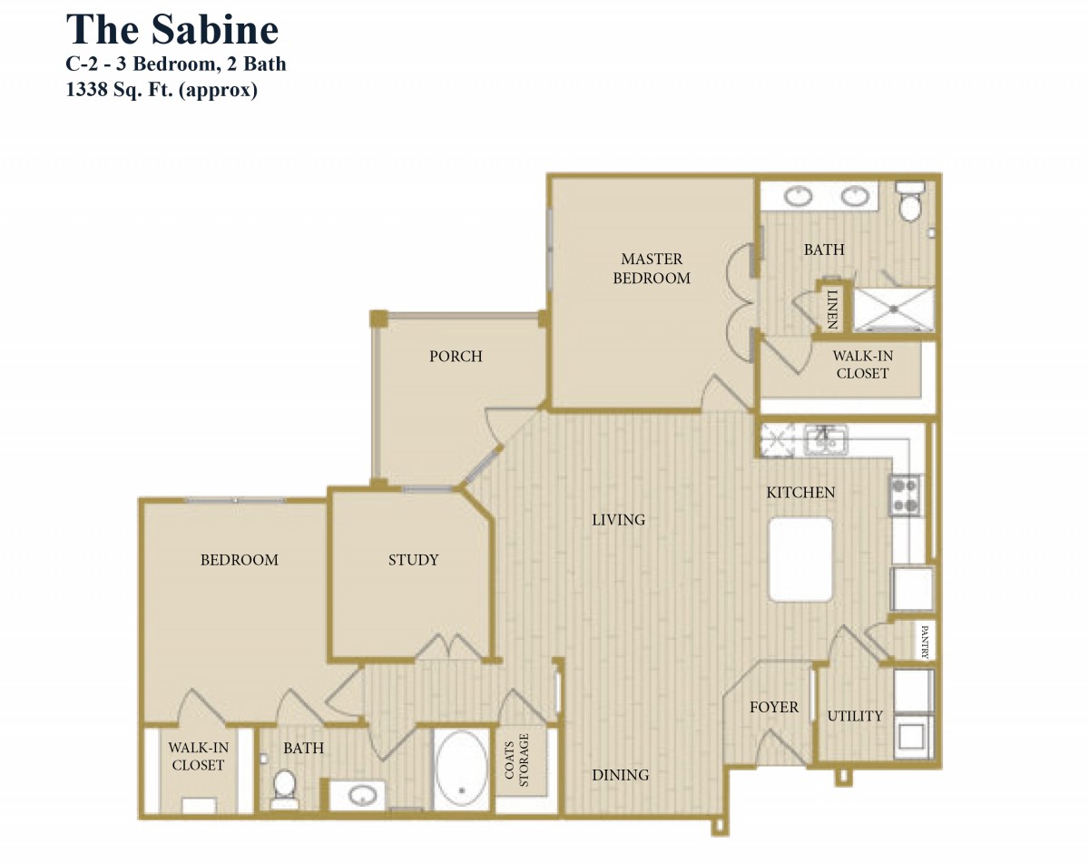 Floor plan of a two-bedroom, one-bathroom apartment layout.
