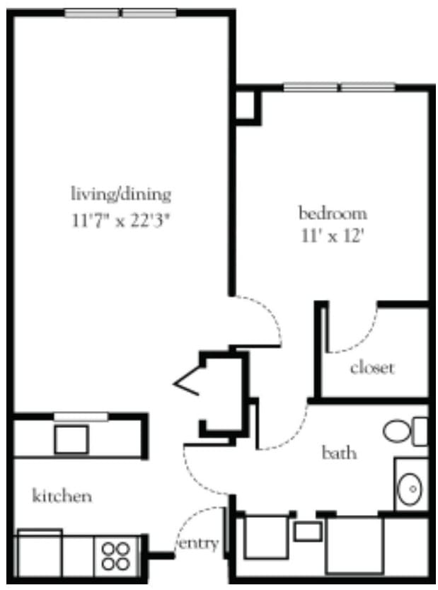 A floor plan of a one-bedroom apartment showing the kitchen, living/dining area, bathroom, and closet.