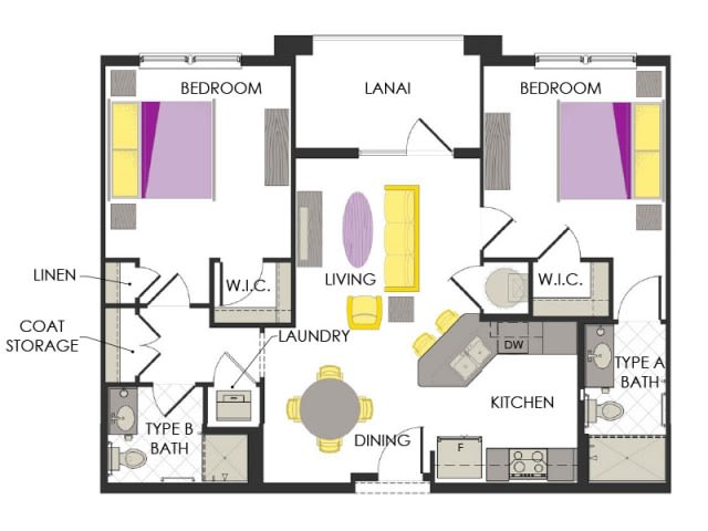 A floor plan of a two-bedroom apartment with a kitchen, living room, dining area, and laundry room.