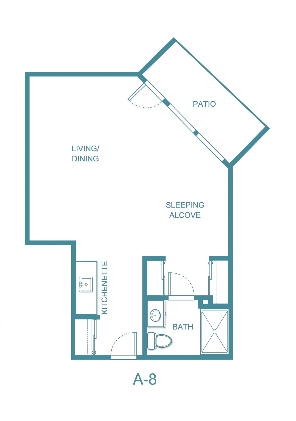 Studio apartment floor plan with a patio and sleeping alcove.
