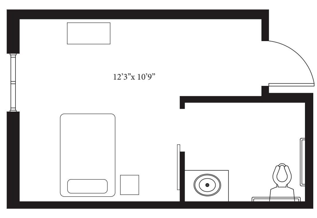 A floor plan of a small bedroom with a bed, desk, and window.