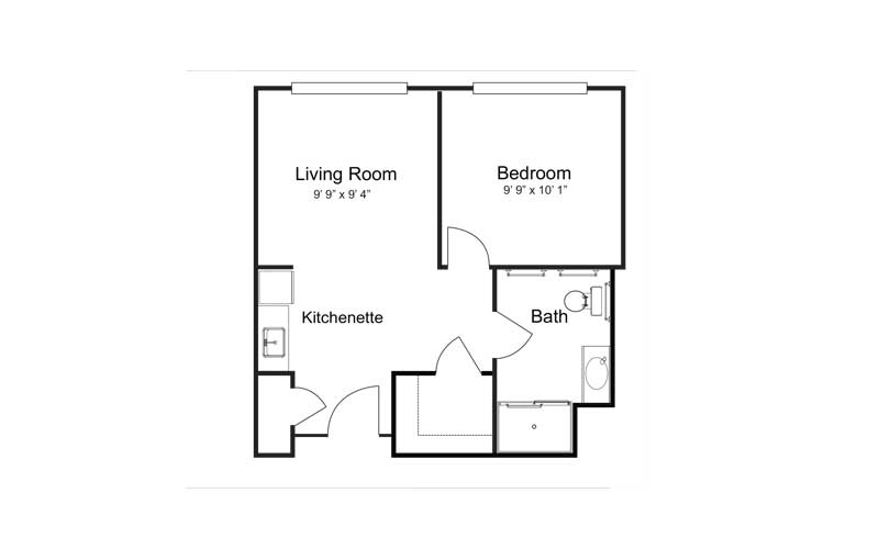 One-bedroom apartment floor plan with living room, kitchen, and bathroom.