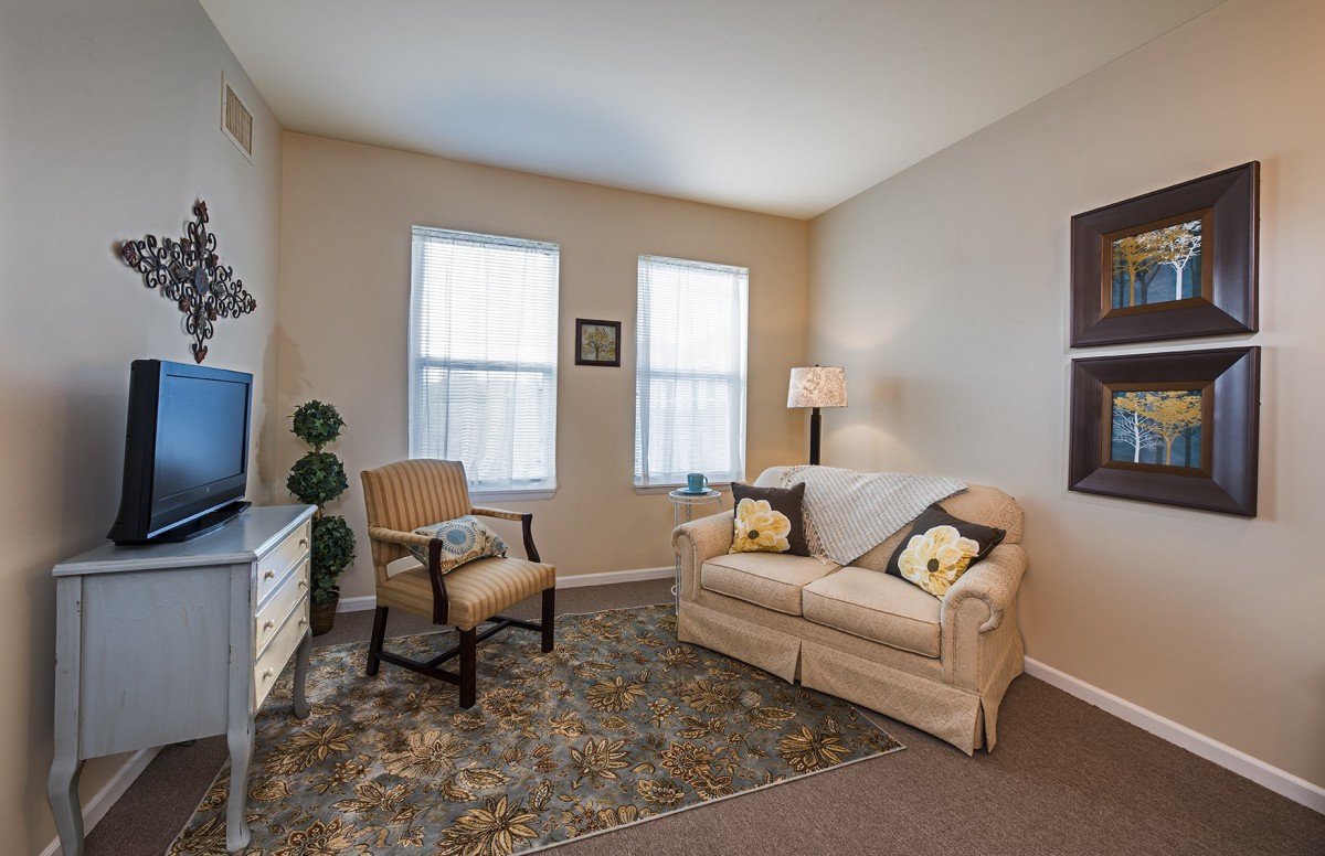 A cozy living room with a sofa, chair, and TV stand, featuring two large windows.