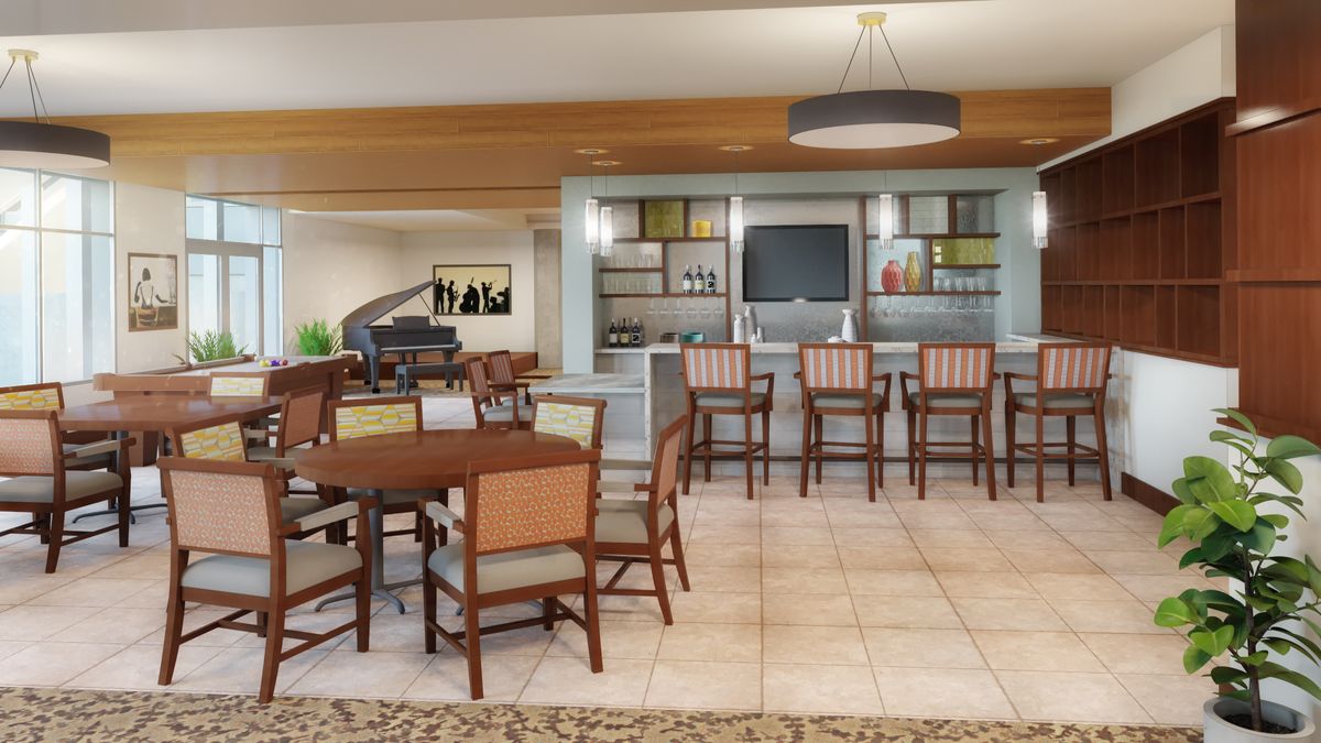 A modern dining and bar area with wooden furniture and contemporary decor.