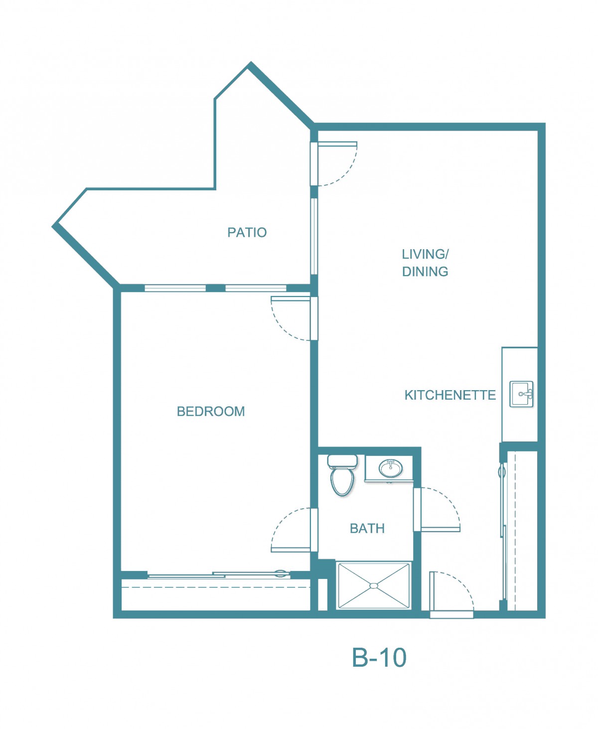 A floor plan of a one-bedroom apartment including a living/dining area, kitchen, bedroom, and bathroom.
