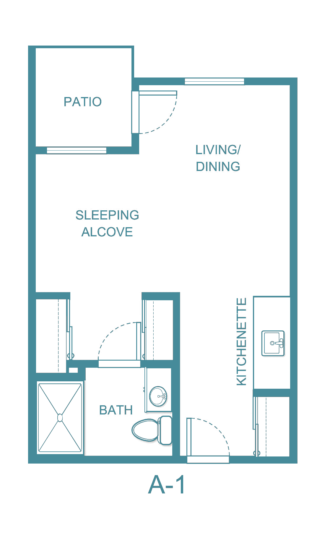 Studio apartment floor plan with a sleeping alcove, living/dining area, kitchenette, and bathroom.
