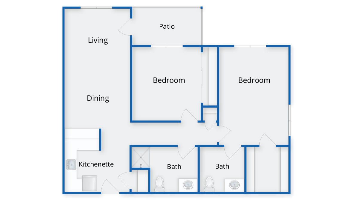 A floor plan of an apartment featuring two bedrooms, a living room, dining area, kitchenette, two bathrooms, and a patio.