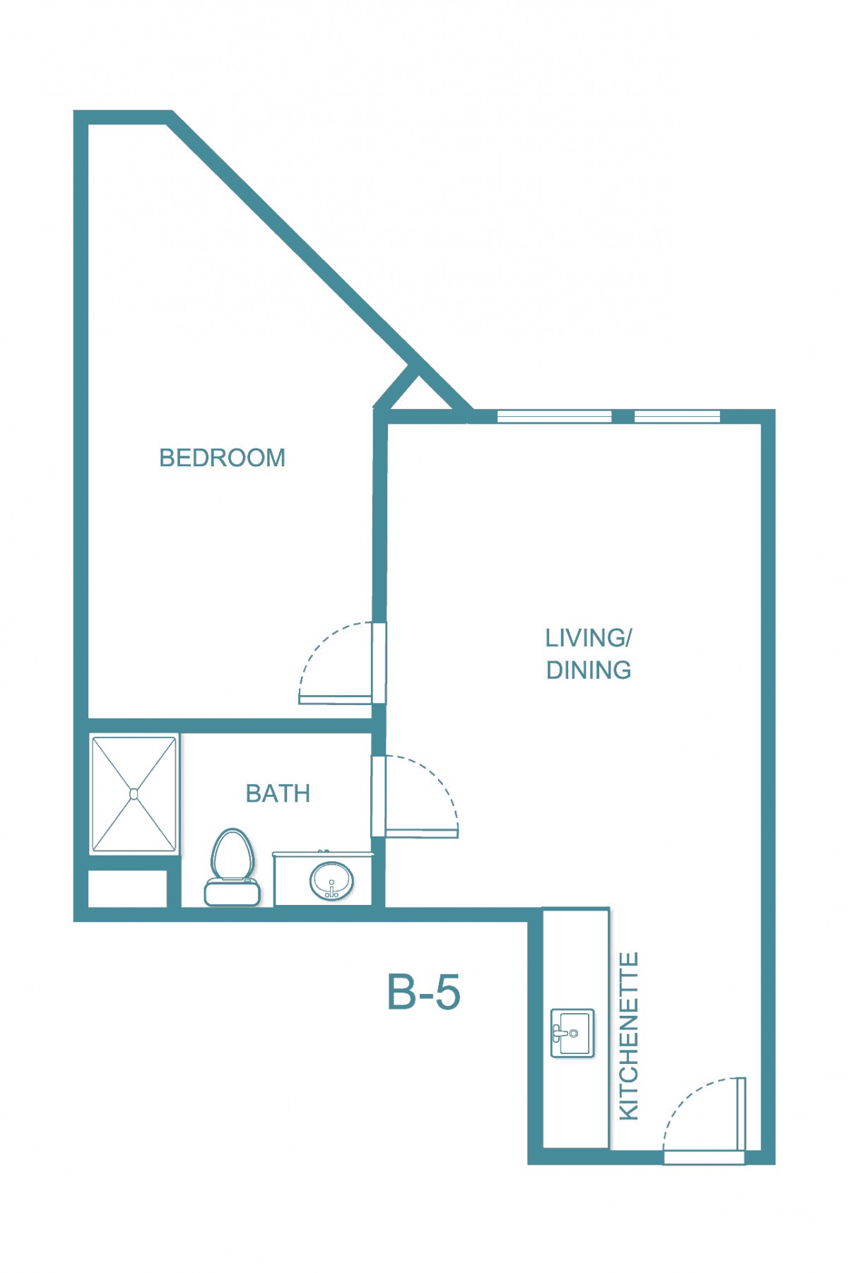 A floor plan of a one-bedroom apartment with living/dining area and bathroom.