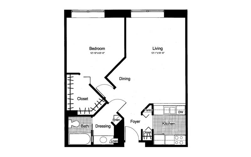 A floor plan of a one-bedroom apartment featuring a living room, dining area, kitchen, bathroom, and closet.