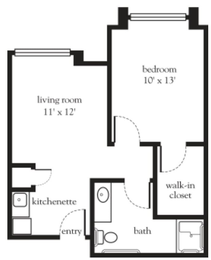 A floor plan showing a one-bedroom apartment layout with living room, kitchenette, bathroom, and walk-in closet.