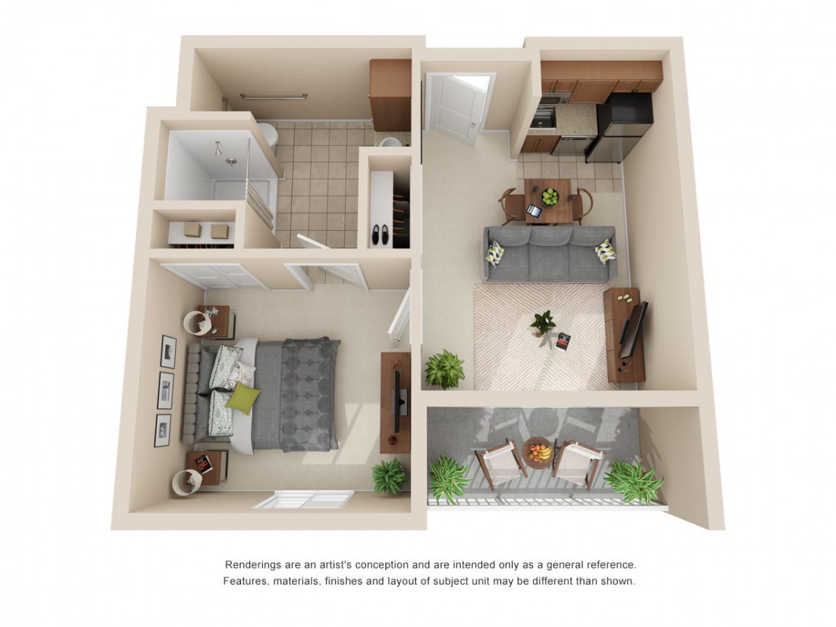 A 3D floor plan of a one-bedroom apartment including a living room, kitchen, bathroom, and balcony.
