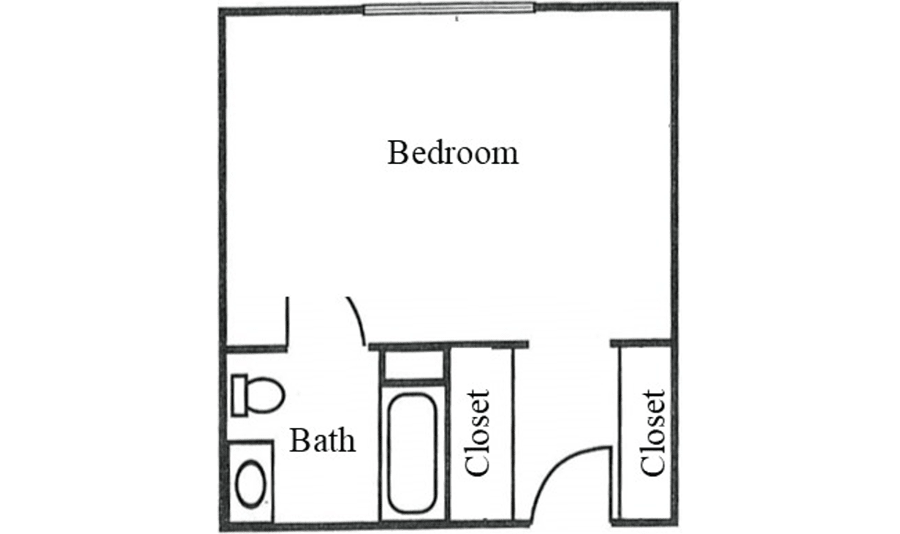 A simple floor plan layout featuring a bedroom, bathroom, and closets.