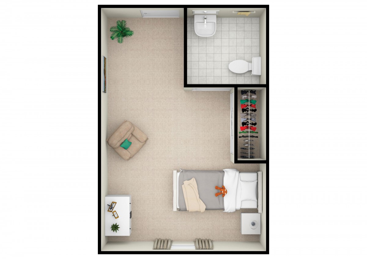 A minimalist floor plan of a studio apartment featuring a bedroom, bathroom, and basic furniture layout.