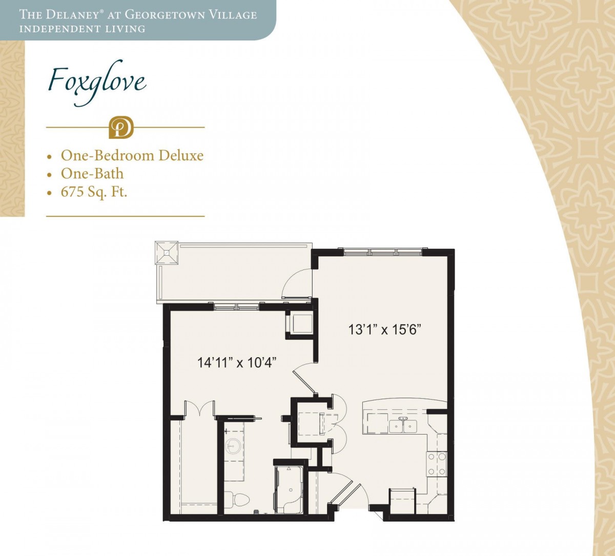 One-bedroom apartment floor plan with dimensions.