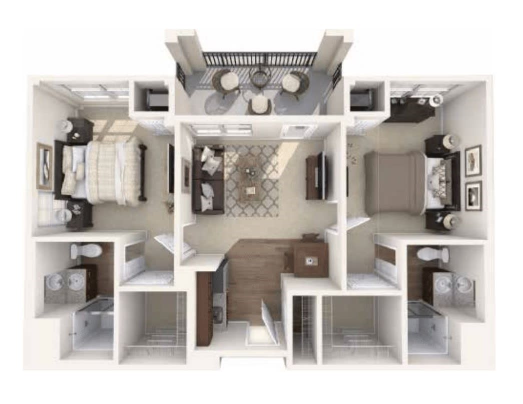 A detailed floor plan of an apartment featuring two bedrooms, a living room, kitchen, and bathrooms.