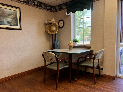 A cozy dining area featuring a table with two chairs, a decorative plant, and a hat rack beside the window.