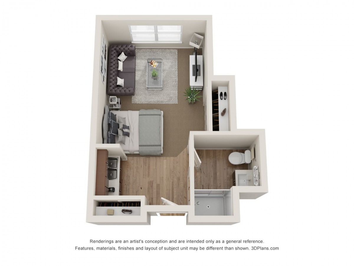 A 3D floor plan of a studio apartment featuring an open living area, kitchen, and bathroom.